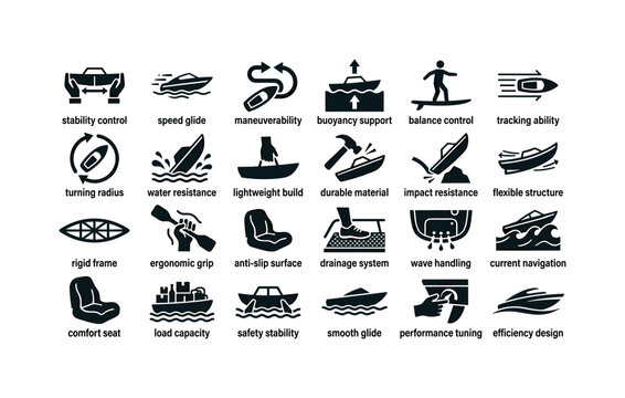 Boat and paddle features like stability speed maneuverability buoyancy and performance elements for water navigation clean solid