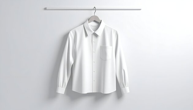 White, long-sleeved shirt hangs on a gray hanger against a white wall