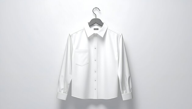 Plain white button-down shirt hanging on gray hanger against white wall
