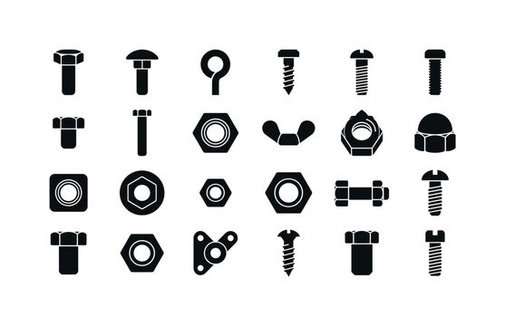 Bolts and nuts like hex bolts carriage bolts eye bolts wing nuts hex nuts lock nuts threaded fasteners and hardware pieces used