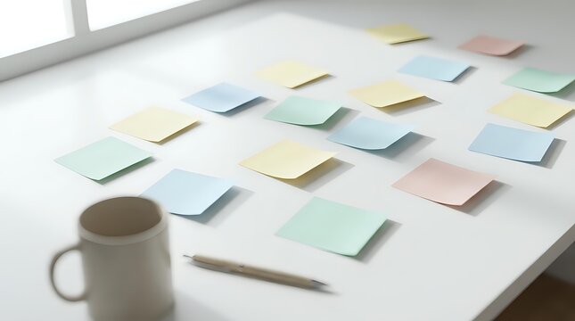 Colorful sticky notes scattered on white desk with coffee mug and pencil for brainstorming and planning sessions in modern office workspace.