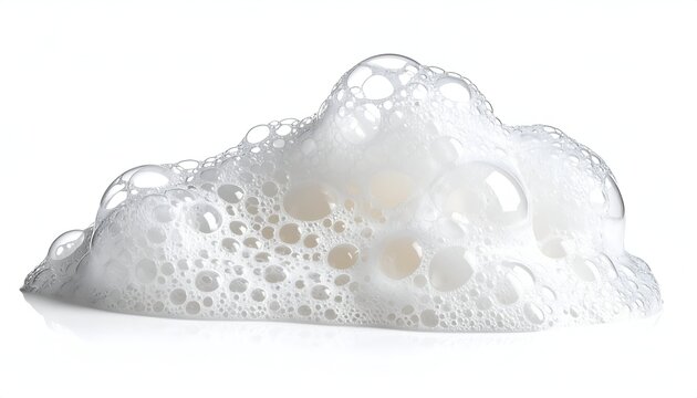 Mound of fluffy white soap bubbles, translucent and airy, against white