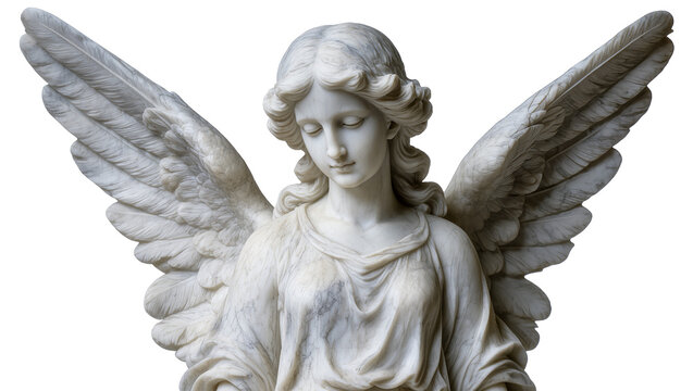 Serene marble angel statue with detailed feathered wings, isolated on transparent background