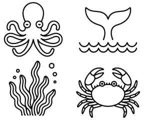 Obraz premium High quality vector of marine life line icons set with octopus, whale tail, seaweed and crab .