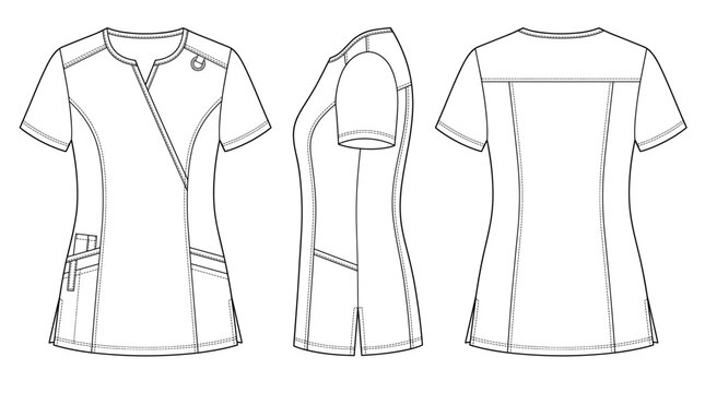Nursing tunic technical drawing blueprint with front side back and top views CAD line art vector illustration