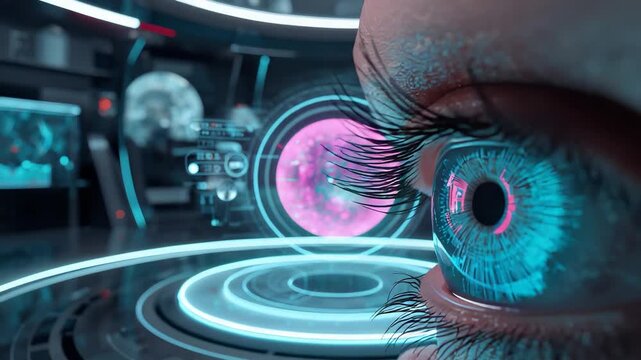 Extreme closeup of human eye with glowing blue and pink iris surrounded by holographic digital interface rings in high tech environment