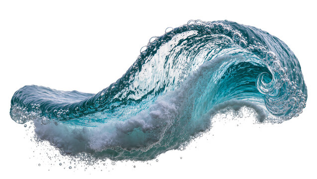 Crashing ocean wave with turquoise water and foam, isolated on transparent background