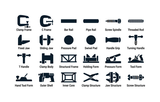 Carpentry clamp structures like frames screws bars jaws pads handles and construction elements of woodworking tools clean solid