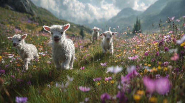 Playful Baby Goats and Lambs Running Joyfully in a Colorful Meadow with Lush Greenery and Scenic Mountains