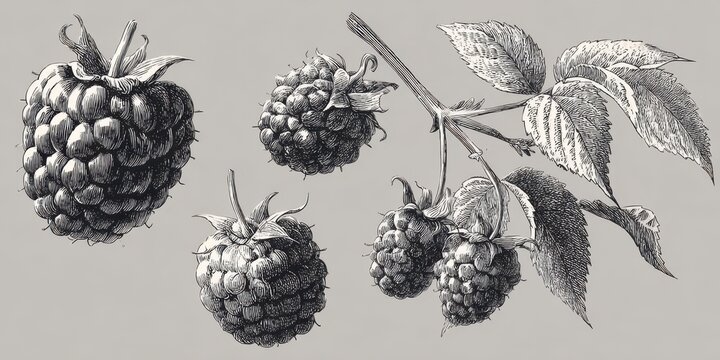 Vintage engraving style illustration of raspberries and a raspberry branch with leaves on a light gray background, showcasing botanical detail and classic artistry.