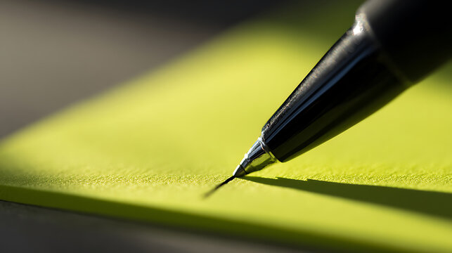 Close-up of a sleek black pen poised to write on a bright green sticky note, with a sharp focus on the tip and a soft, inviting background blur