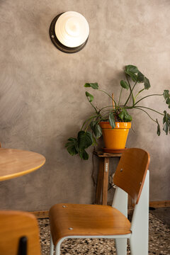 hip minimal cafe with wood chairs, smooth concrete wall, potted plants, and minimal light fixture