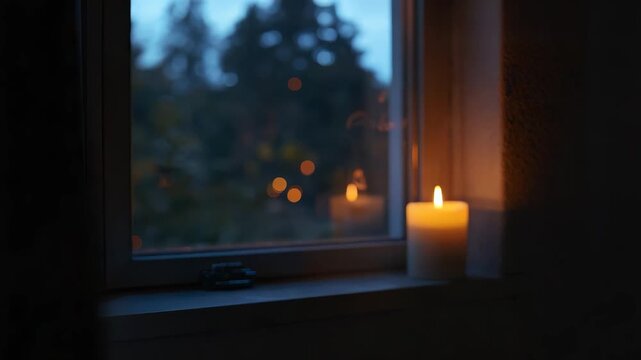 Burning candle on windowsill in dark room with warm glow overlooking twilight window view trees and bokeh lights