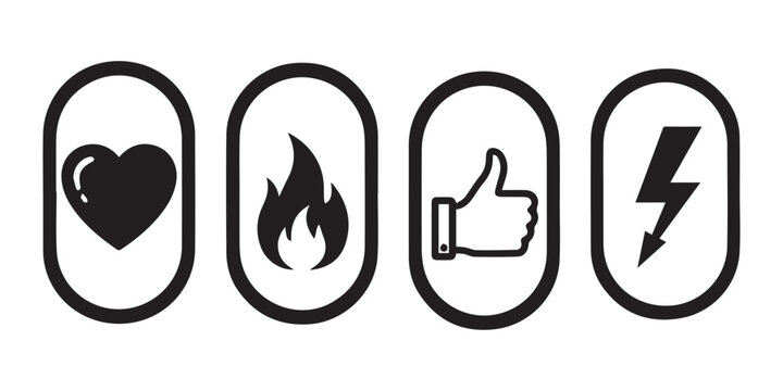 Four black and white icons heart flame thumbs up and lightning bolt