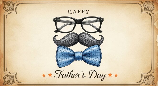 Vintage happy fathers day card with glasses mustache and bowtie illustration.