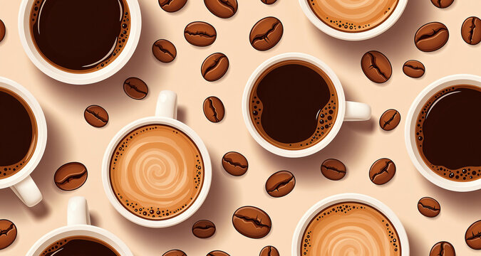 Seamless pattern with coffee cups and roasted beans on light beige background top view art.