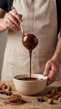 Male hands pouring melted dark chocolate from a ladle into a bowl. Rustic table with cinnamon, nuts, star anise, and cocoa powder. Warm, atmospheric culinary photography.
