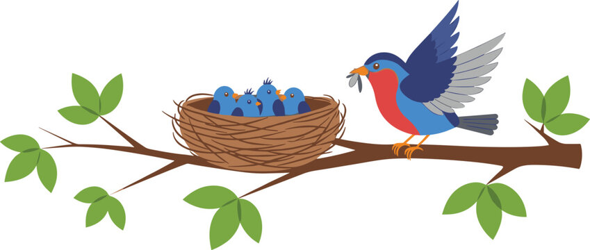 Mother Bird Feeding Baby Chicks in Nest on Tree Branch with Green Leaves in a Cute Nature and Wildlife Scene