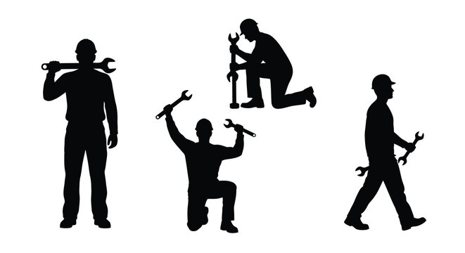 Silhouettes of workers with wrenches isolated on a white background