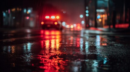 Obraz premium Reflections of Red Lights on Wet Urban Street at Night Creating a Moody Atmosphere