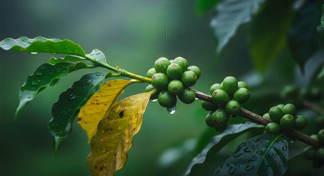 Close-up of green coffee beans on a wet branch with raindrops