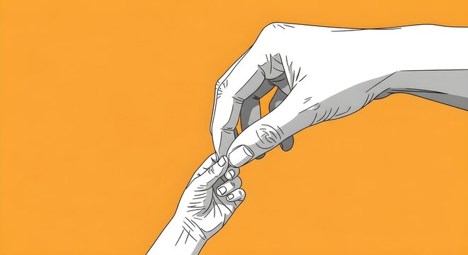 Close-up illustration of an adult hand gently holding the tiny fingers of a baby, symbolizing care, protection, and the bond between generations.