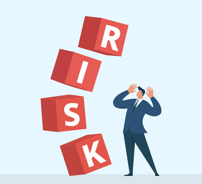Panicked businessman shielding himself from collapsing blocks spelling RISK, symbolizing corporate danger and crisis, Imminent Business Danger, Failing Risk Management