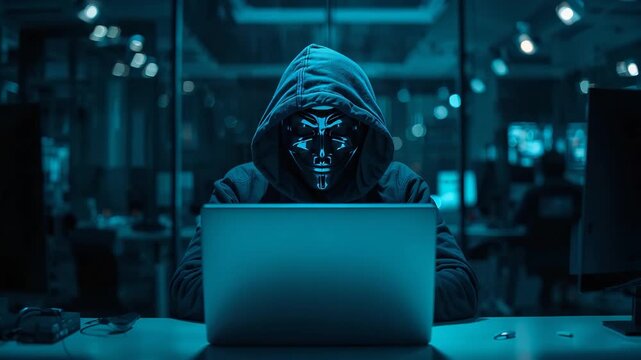 Hooded skull mask figure sitting laptop dark blue cyber environment mysterious hacker night computer workspace dramatic atmosphere