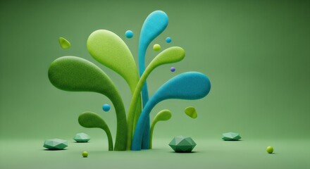 Fototapeta premium A beautiful nature background of green plants and grass in the water under a blue sky, decorated with spring flowers, summer leaves, and a colorful butterfly