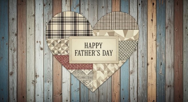 Happy father's day greeting on a patchwork heart over a distressed rustic wooden background, expressing appreciation.