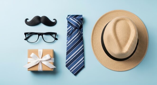Father's day concept with a gift, tie, mustache, glasses, and hat on a light blue background, representing classic style.