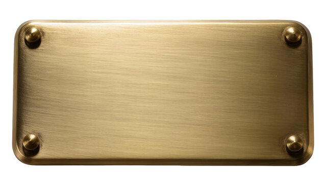 Brushed brass rectangular plaque with rounded corners and four brass rivets, isolated on transparent background