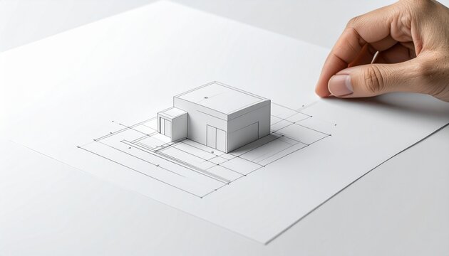 A hand draws a detailed architectural 3D model house on a blueprint paper with a pencil on a table indoors.