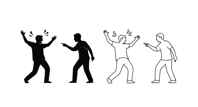 argument between two men black silhouette and white line drawing