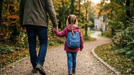 Fototapeta premium Fathers day walk father and daughter enjoying autumn path together