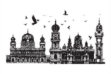 Historical palace landscape with majestic domes and flying birds in vintage stencil silhouette style. © MdAbdul