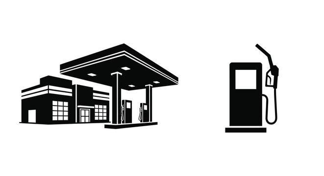 gas station and fuel pump silhouette on white background