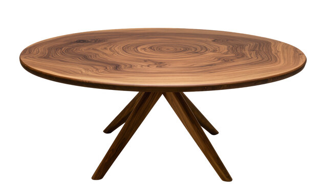 Round live edge walnut wood coffee table with angled legs, isolated on transparent background