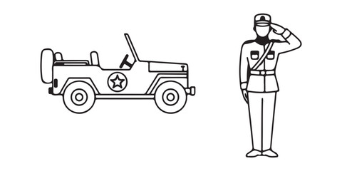 Vintage military jeep and saluting soldier illustration black and white © Abdul