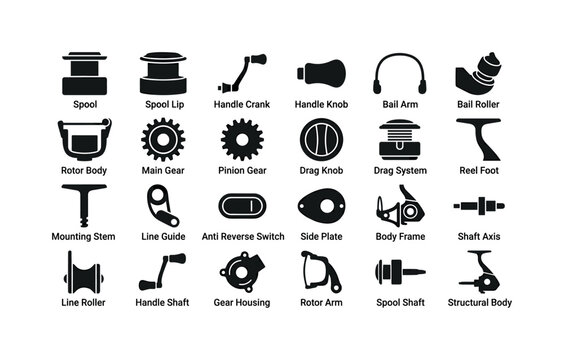 Spinning reel structures like spool handle bail arm rotor gears and construction elements of fishing reels clean solid filled icon