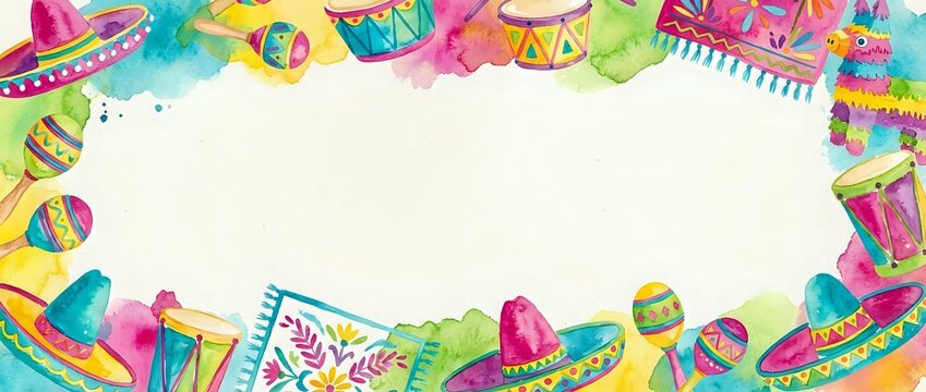 Watercolor Mexican fiesta border frame with sombreros, maracas, pinata, and drums on light background for festive party designs.