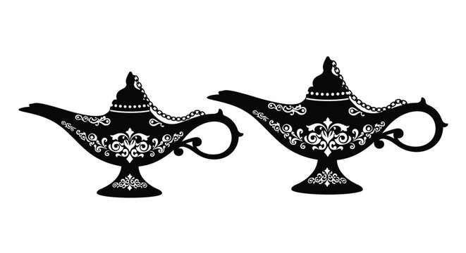 ornate oil lamps silhouette with floral details on white background