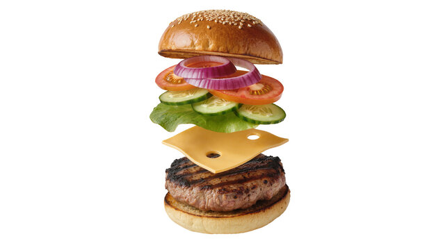Deconstructed hamburger with beef patty cheese lettuce tomato onion and cucumber, isolated on transparent background