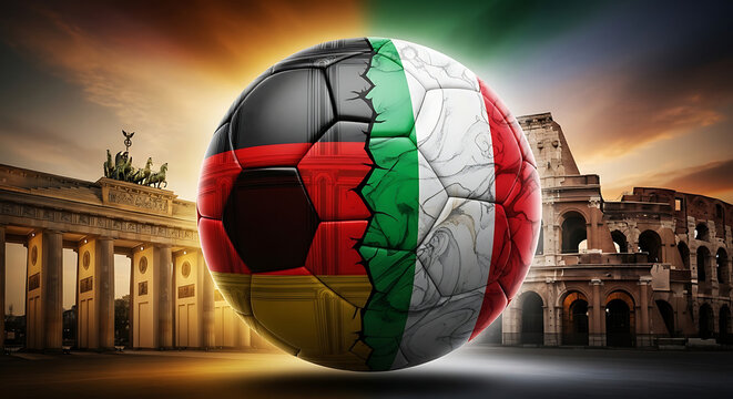 Soccer ball with German and Italian flags, representing football rivalry and international sports competition, set against iconic landmarks like the Brandenburg Gate and Colosseum.