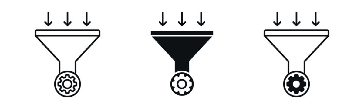 Data Filter Icon Set, Funnel with Settings Gear Outline and Solid Icon Set .vector illustration