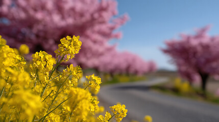 Obraz premium Vibrant Yellow Field Mustard Flowers Blossom by a Scenic Road Lined with Pink Trees Under a Clear Blue Sky in Spring Landscape