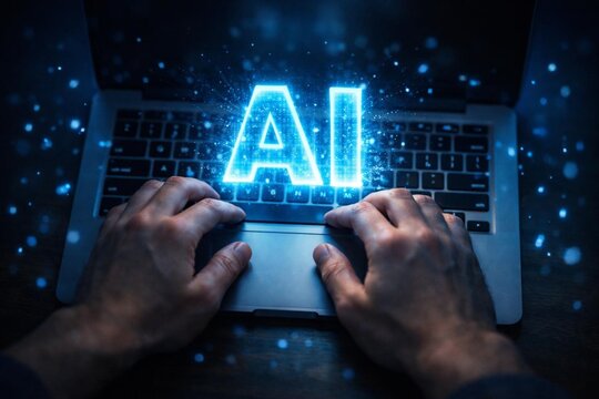 Overhead shot of hands on MacBook with glowing AI text projection, blue digital particles floating in air, dark background subtle blue ambient light, ultra realistic