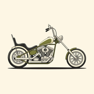 Classic Chopper Motorcycle Illustration - Vintage Style, Green and White