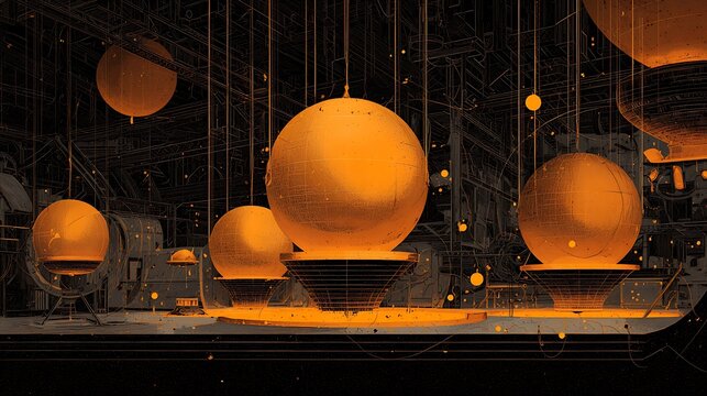 An orange industrial scene with large metallic spheres on platforms