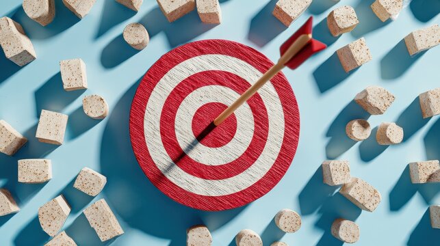 Red and white wooden target with an arrow hitting the center surrounded by scattered stone blocks on a light blue background in a top down studio photography shot
